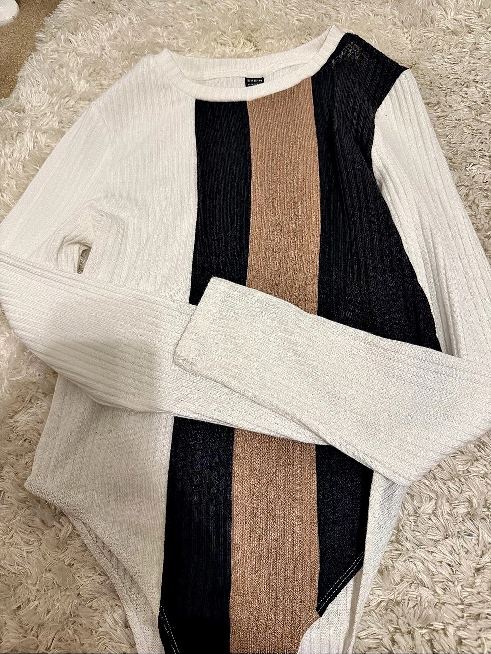 Shein Color Block Ribbed Long Sleeve Top in White &black. WOMENS